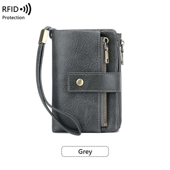 SHIMELE RFID Blocking Leather Wallet for Women - Multi-functional Short Style Coin Purse - Vintage Large Capacity RFID Wallet - Elegant Compact Wallet with Detachable Wrist Strap