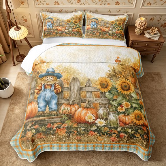 Erosebridal Scarecrow Vase Twin Quilt Set 2 Pieces,Fall Harvest Twin Coverlet Set,Light Blue,1 Bedspread and 1 Pillowcase