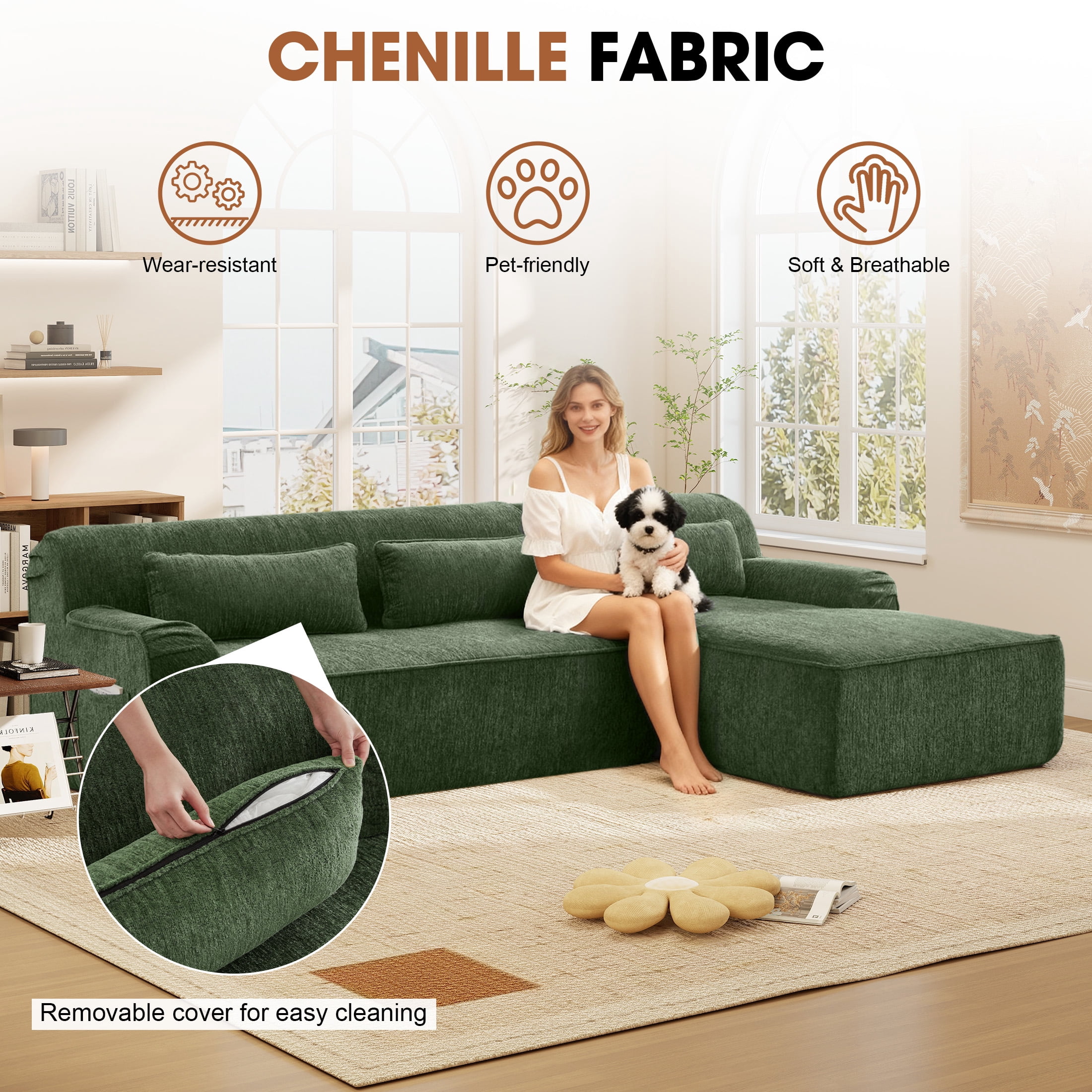 Aukfa 102.4" Chenille Modular Sectional Sofa with Right-Facing Chaise, Deep Seat Couch, No Assembly Required, Green