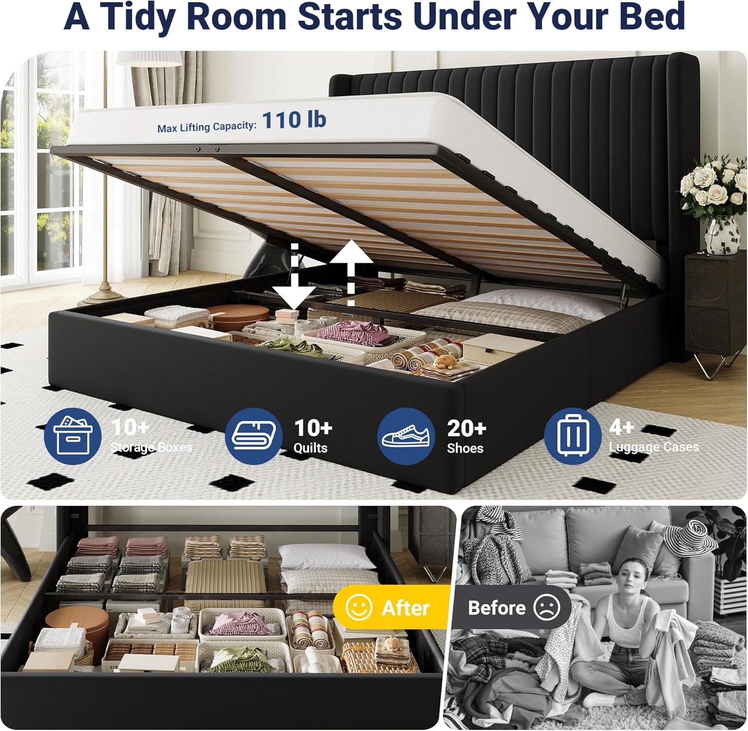 Allewie Queen Size Lift Up Storage Bed Frame, Hydraulic Support System, Upholstered Platform Bed Frame, Vertical Channel Tufted Headboard with Wingback, Black