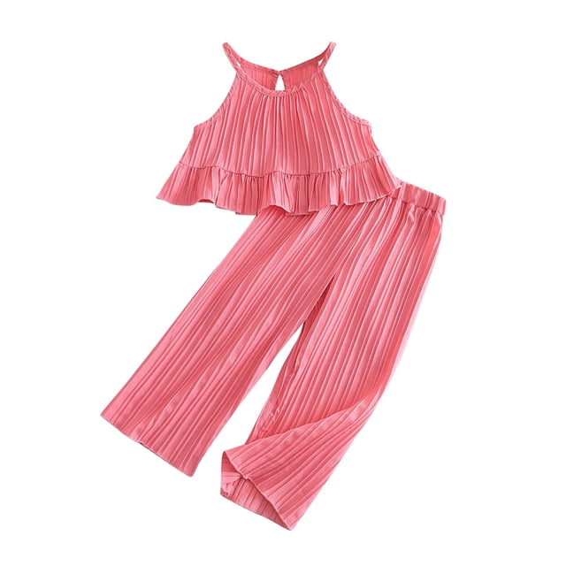 Odeerbi 3-8 Años Niñas Trajes de Verano Camisola de Gasa Con Volantes Pantalones de Pierna Ancha Conjunto de Dos Piezas Pantalones de Cintura Elástica Conjunto