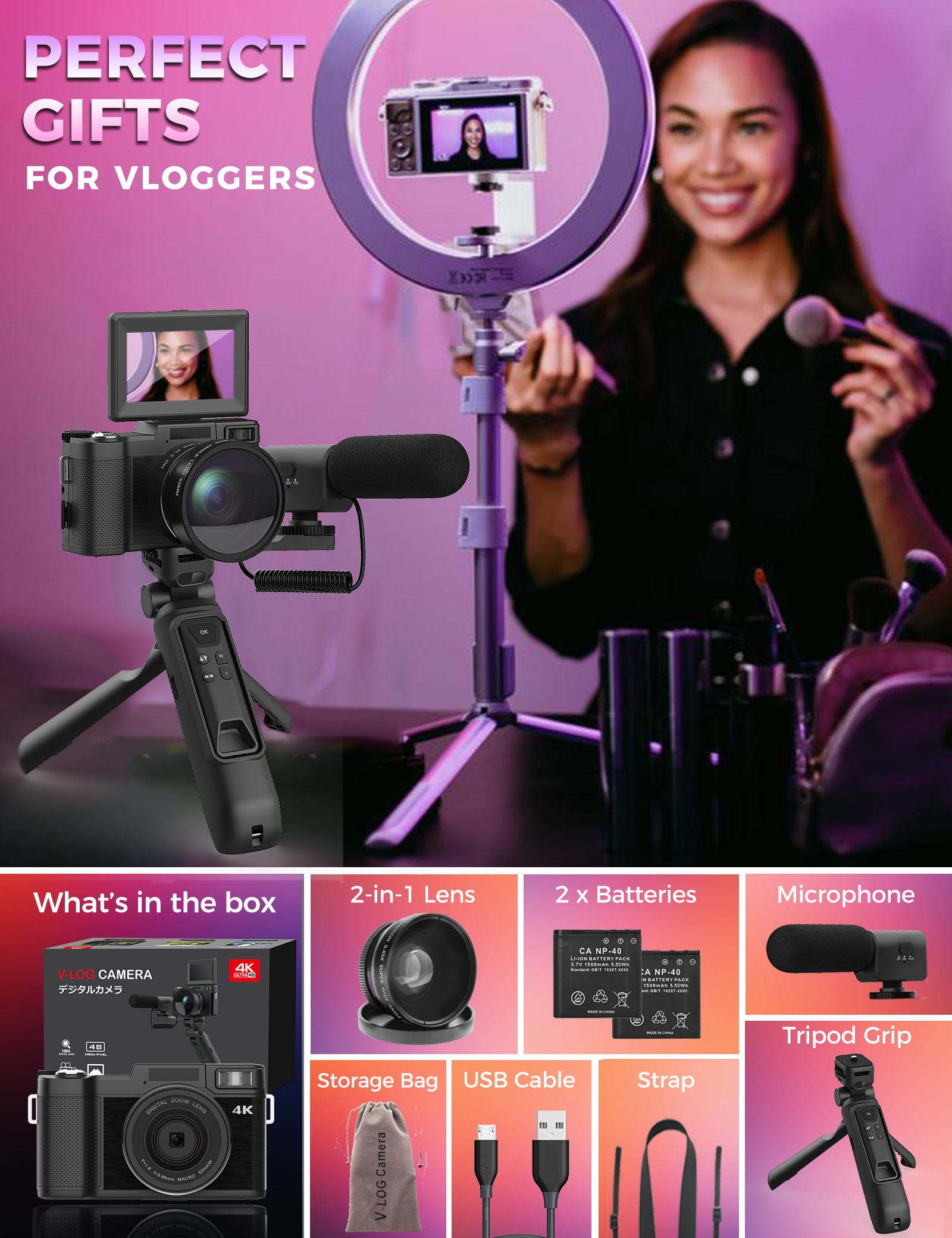 4K Digital Camera with Creator Accessory Kit 48MP Remote Control Vlogging for Vloggers Autofocus Flip Screen Photography Cameras with Tripod Grip, Wide-angle & Macro Lens, Mic
