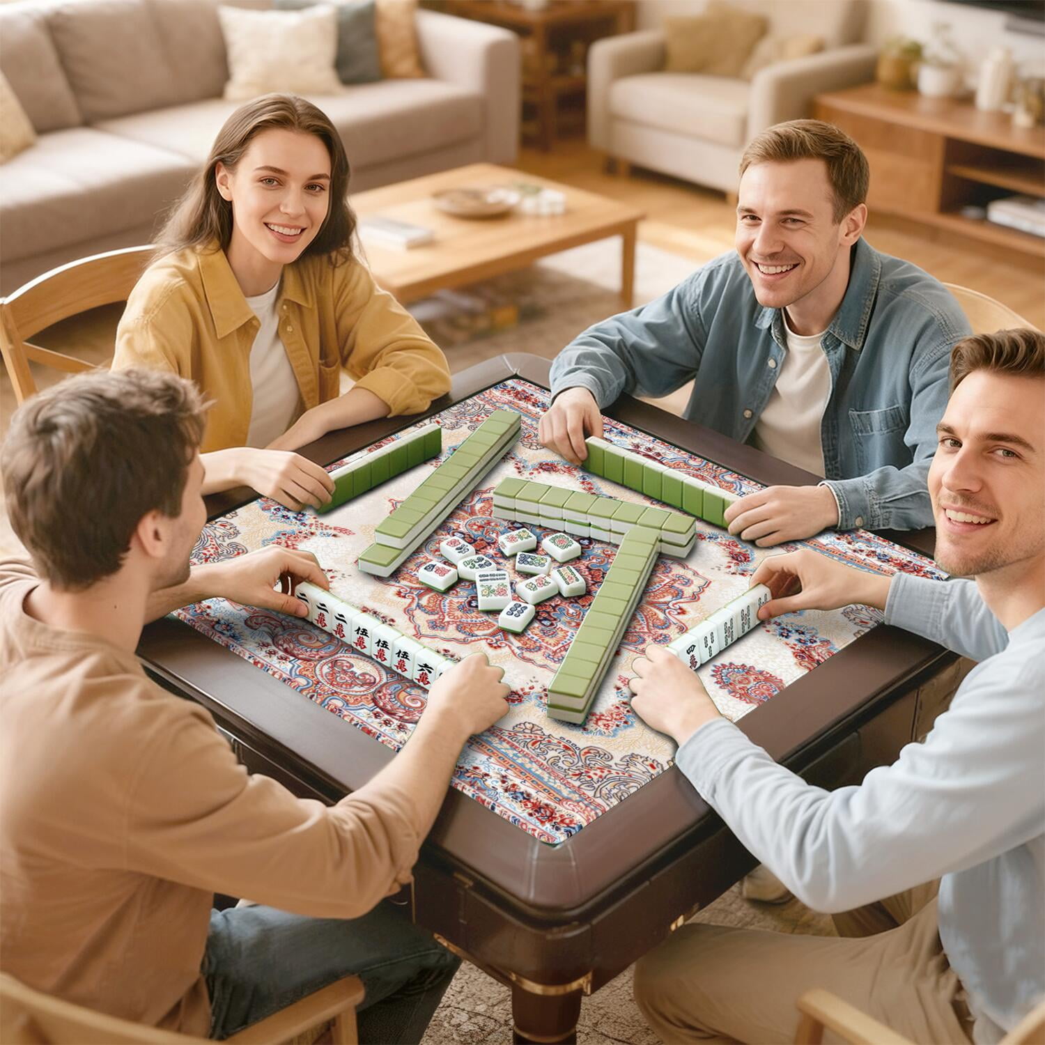 31.5x31.5 Boho Style Game Table Mat, Professional Rubber Mahjong Pad with Non-Slip Grip and Noise Dampening, Perfect for Card Games Board Games and Family Night