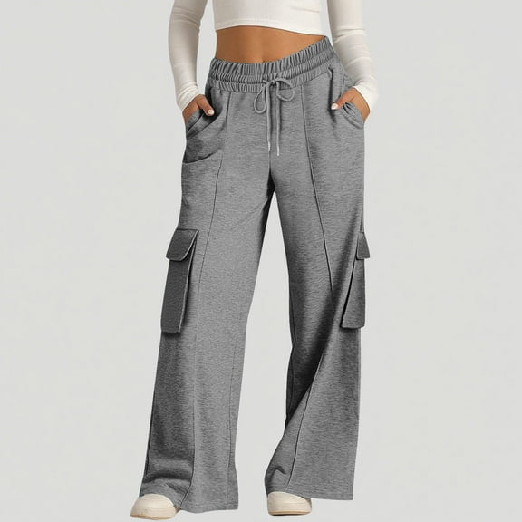 QUNYINEY Palazzo Cargo Pants Women High Waisted Gray Casual Wide Leg Slacks Elastic Waist with Pockets Drawstring Loose Fit Lounge Outfits for Women