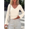thumbnail image 3 of PRETTYGARDEN Women Fall Long Bell Sleeve Shirts Ribbed V Neck Fitted Ruched Trendy Y2K Going Out Tee Tops Summer Clothes, 3 of 10