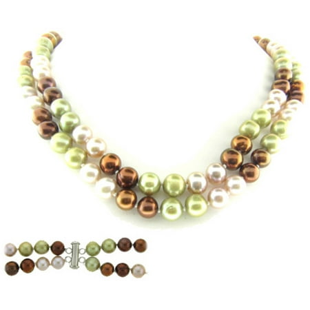 Green, Pink, and Chocolate Freshwater Pearl Necklace for Women, Sterling Silver 2 Row 17 & 18, 8mm x 9mm