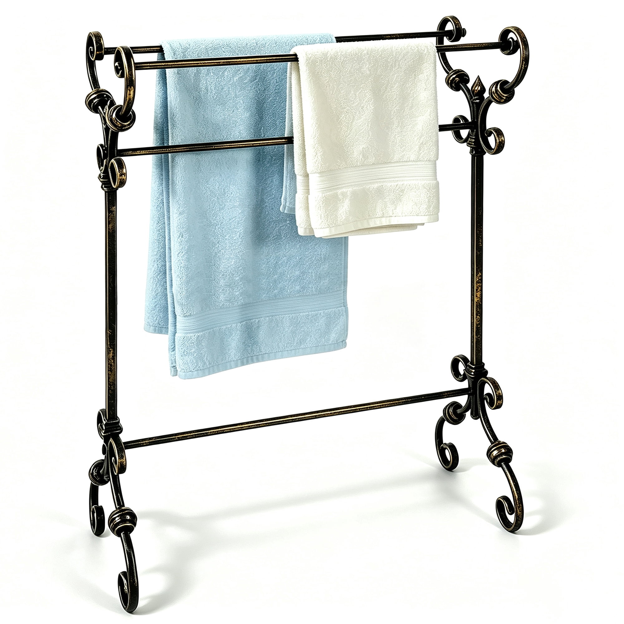 KOOL Antique Scroll Wrought Iron Freestanding Towel Rack, Free Standing Bathroom Towel Bar Stand, Rustproof Decorative Towel Drying Holder for Bathroom, Bedroom & Laundry Room