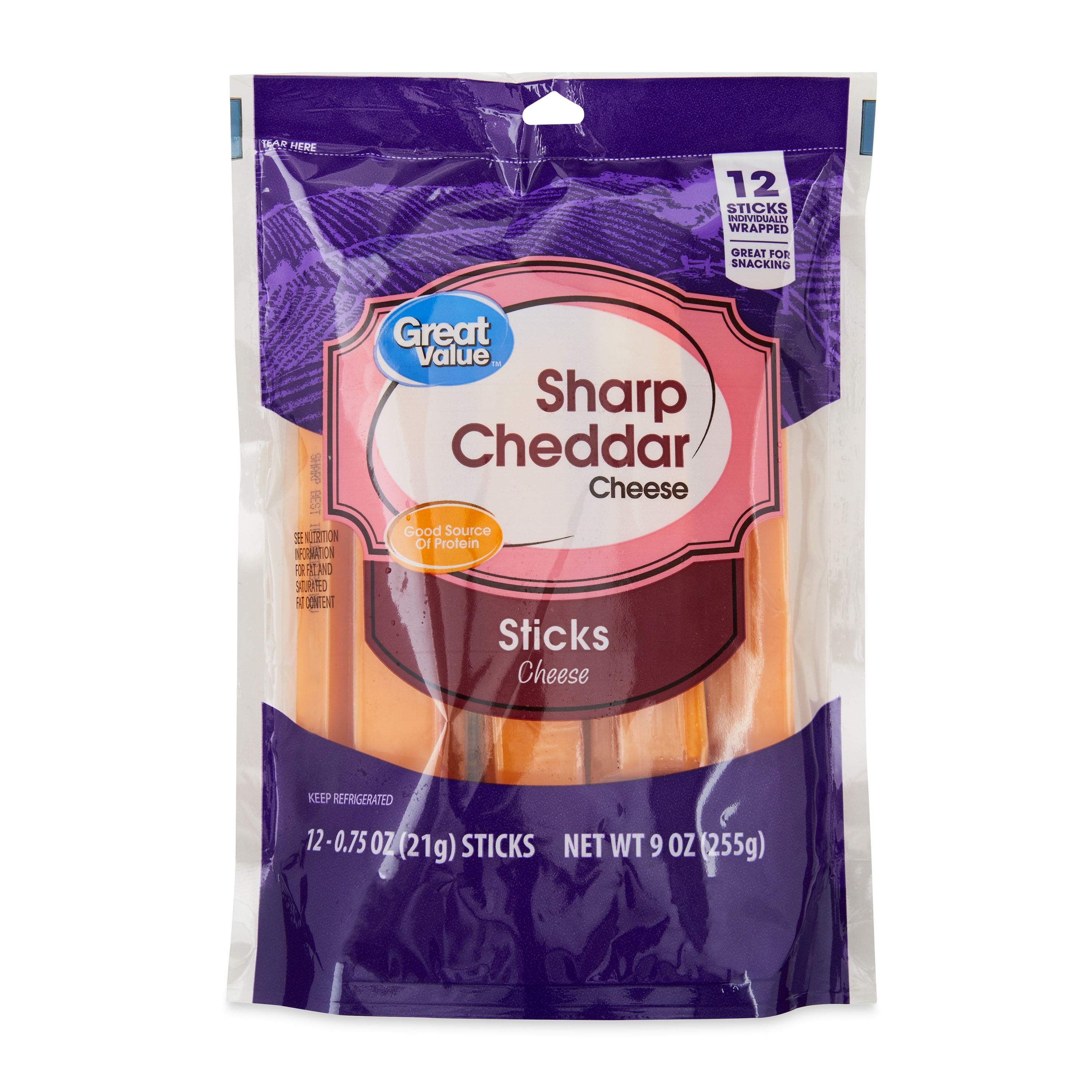 Great Value Sharp Cheddar Cheese Sticks, 9 oz, 12 Count