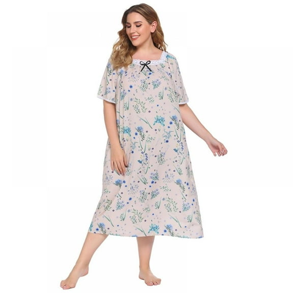 Women Oversized Pajama Nightgown Round Neck Lace Trim Loungewear Loose Long Comfy Sleep Dress