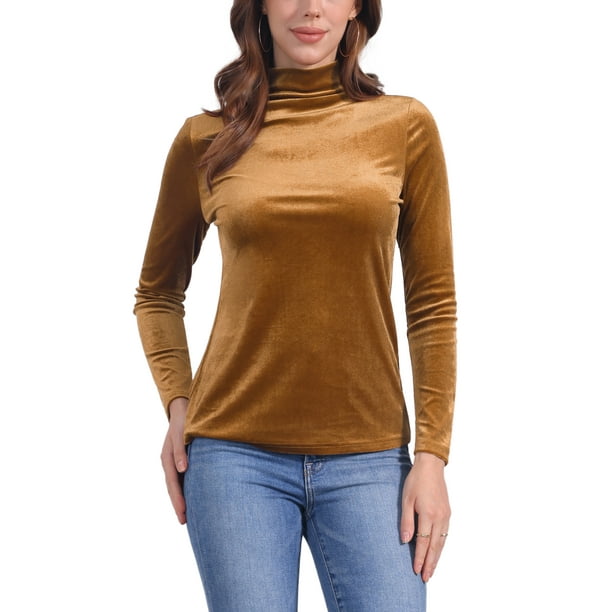 INSPIRAR CHIC Blusa de Mujer de Manga Larga con Cuello de Tortuga de Terciopelo Elástico Talla XS Marrón