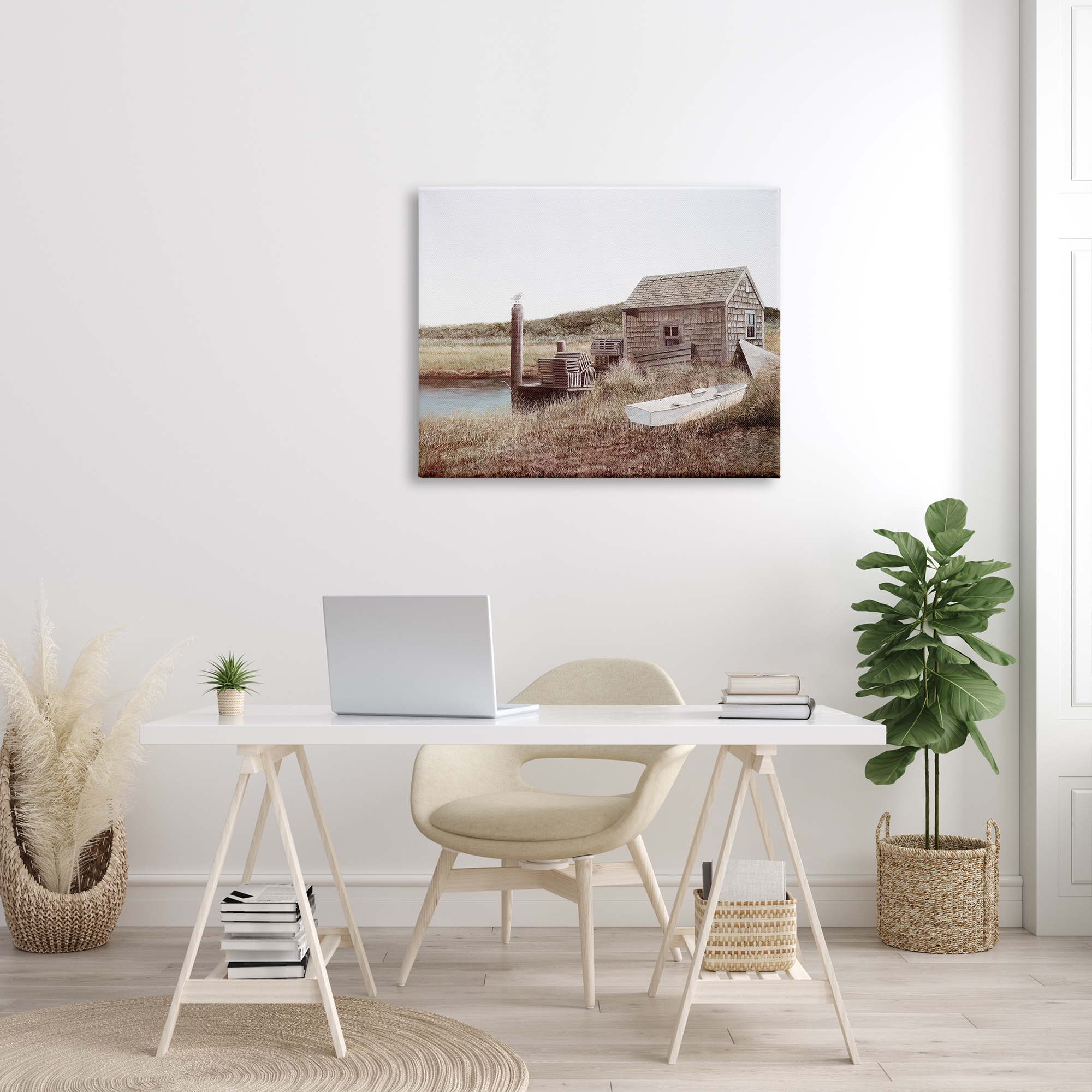 Stupell Industries Rural Seaside Cabin Seagull Perched Canoe Boat Painting Gallery Wrapped Canvas Print Wall Art, Design by Tom Mielko