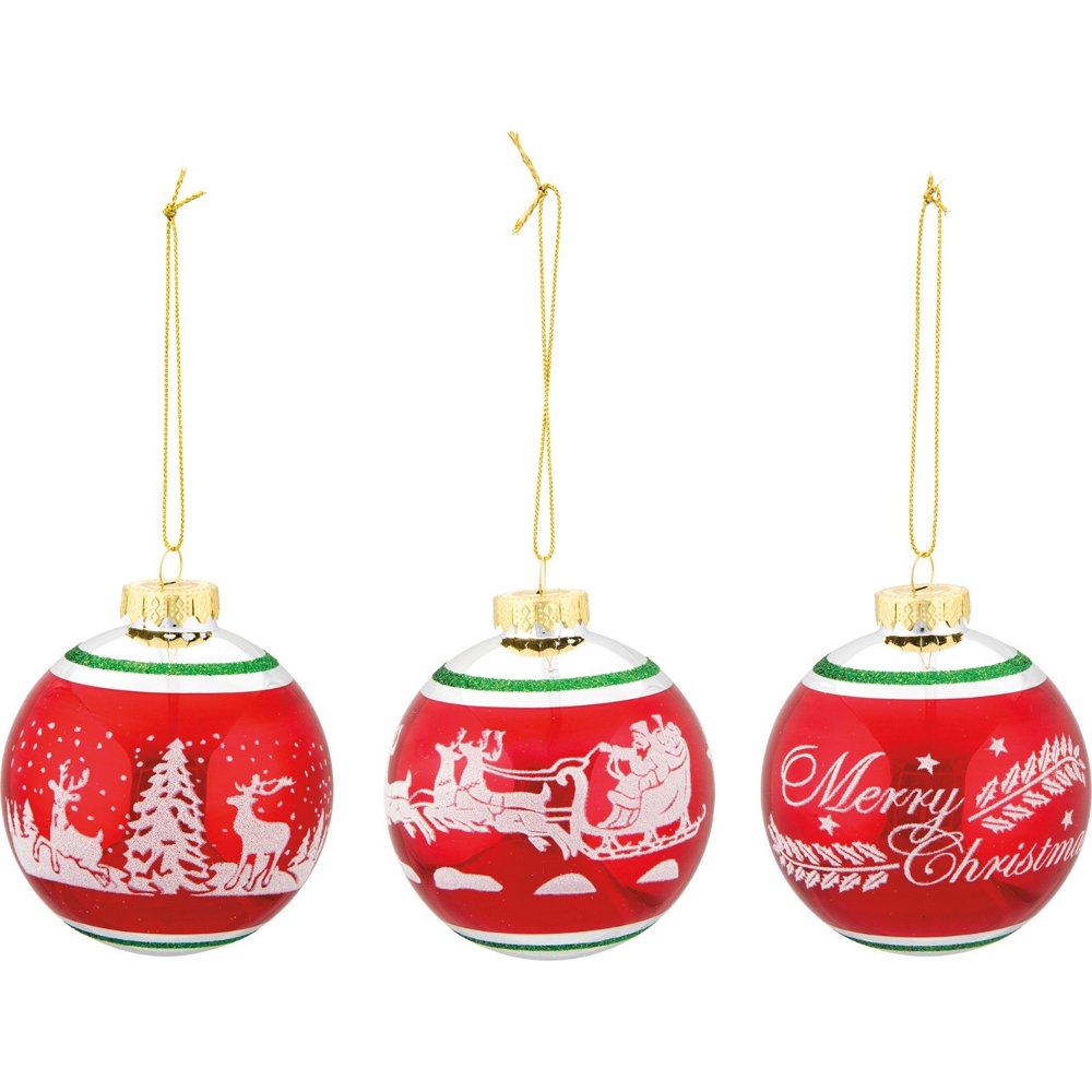 Set of 3 Red Glass Ball Christmas Ornaments, 3" Dia, Primitives by