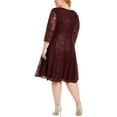 thumbnail image 2 of SLNY Womens Burgundy Sequined Lace Zippered 3/4 Sleeve Sweetheart Neckline Knee Length Party Fit + Flare Dress Plus 18W, 2 of 2