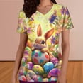 thumbnail image 4 of Easter Scrub Tops for Women Artistic Realistic Rabbit and Eggs Graphic V Neck Short Sleeve Professional Medical Uniform with Pockets Holiday Workwear, 4 of 6