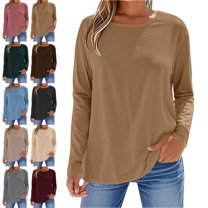 Lenago Womens Long Sleeve Shirts Solid Color Fashion Crew Neck Tops Women's Summer Loose Long Sleeve Round Neck Comfy Regular Shirts Basic Tee Fall Fashion Clothes Trendy Outfits for Women