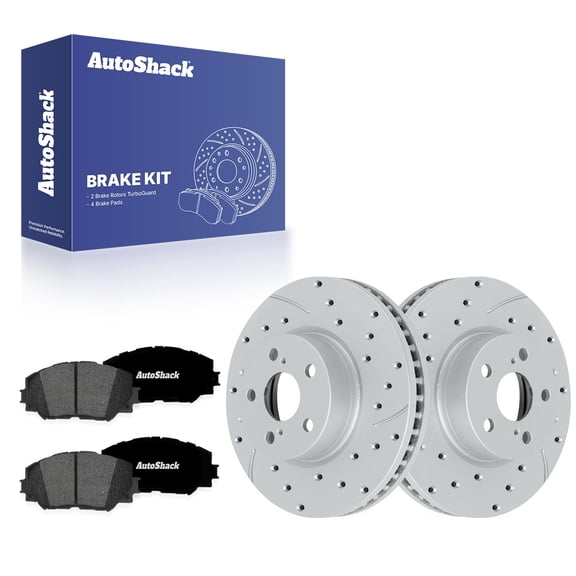 AutoShack Front Vented Drilled & Slotted Coated Brake Rotors Silver Matte Finish Premium Ceramic Pads 6-PC Brake Kit Replacement for 2009-2019 Toyota Corolla TurboGuard 10.82" (274.9 mm)