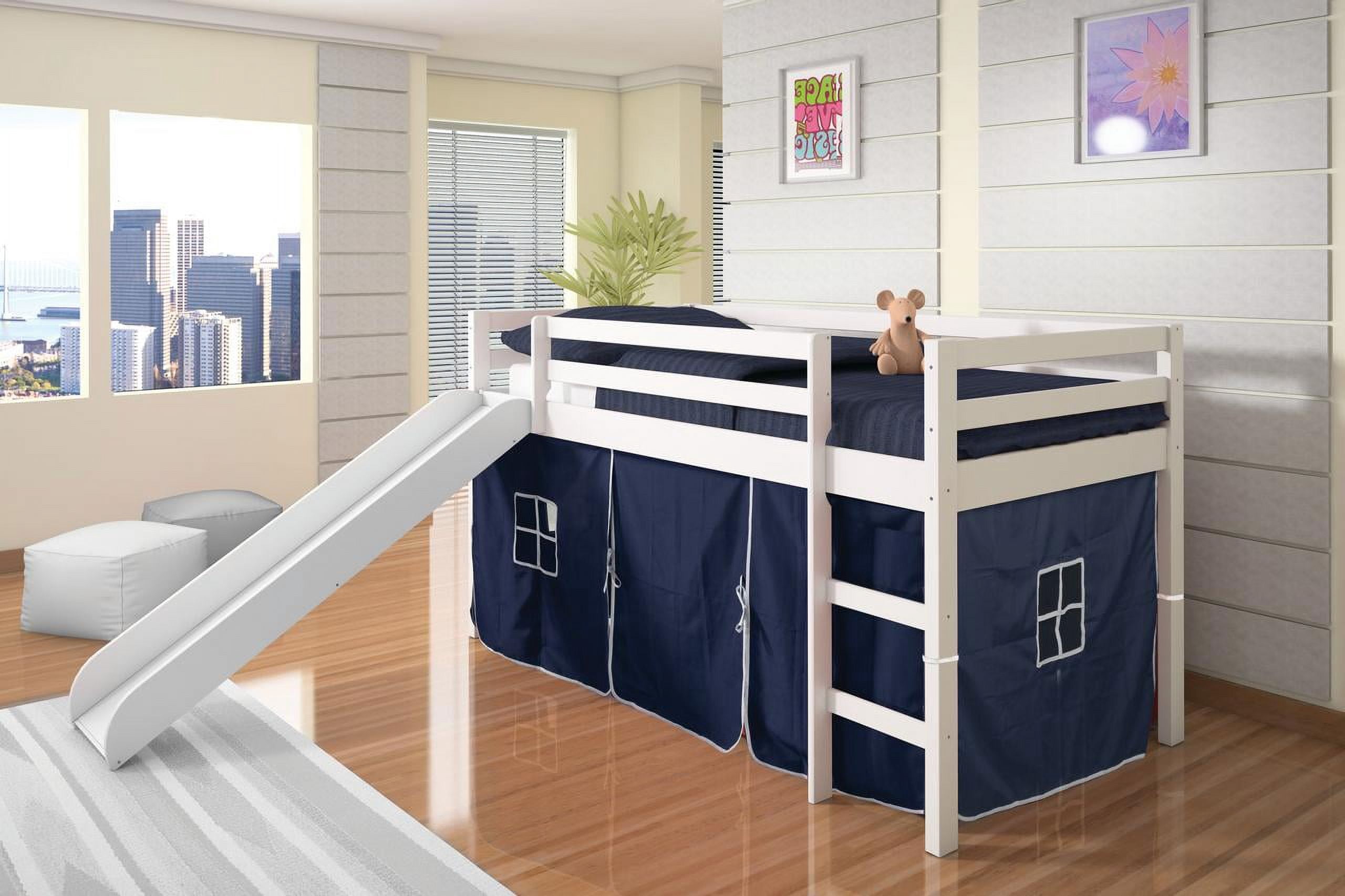 Donco Kids Twin Loft Bed with Blue Tent and Slide, White