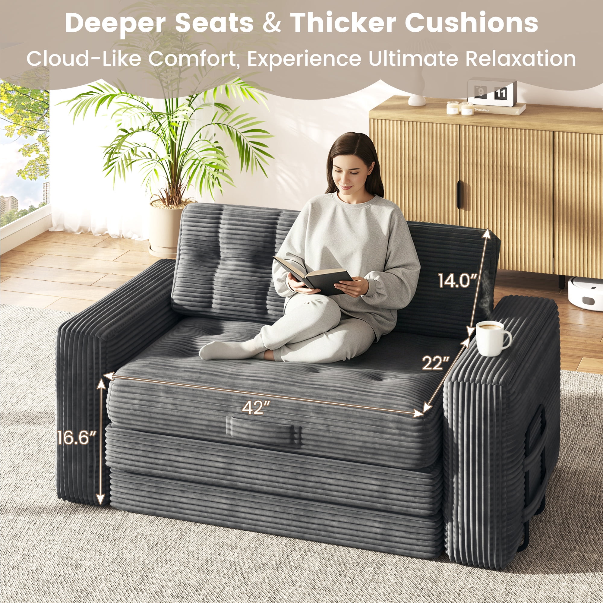 Erinnyees 2-in-1 Sleeper Sofa, No Assembly Corduroy Loveseat, Converts to Bed with Deep Seat & 2 Included Pillows