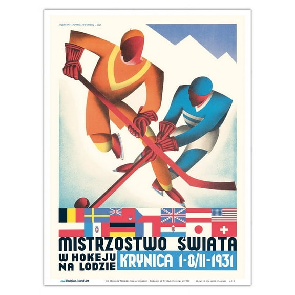 Ice Hockey World Championship (Mistrzostwa Åšwiata) - Krynica Poland - Vintage Sports Poster by Stefan Osiecki c.1930 - Master Art Print (Unframed) 9in x 12in