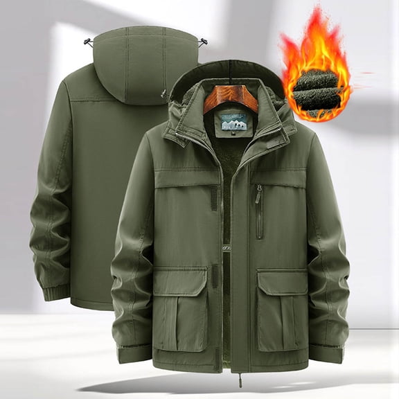 NTACZA Hooded Mens Jackets Green Work Fleece Lined Jacket Zip Up Heavyweight Cargo Coats Winter Coats for Men L