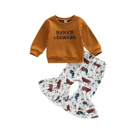 

Canrulo Western Toddler Baby Girl Clothes Cow Print Long Sleeve Pullover Tops Bell Bottom Pants Set Fall Winter Outfits Brown 6-12 Months