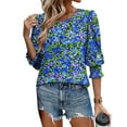 thumbnail image 4 of JTZGDY Blouses for Women Dressy Casual Floral Printed Smocked Cuffs 3/4 Length Sleeve Womens Tops Loose Fit Crewneck Basic Graphic Tunic T-Shirts Blue#04 XL, 4 of 7
