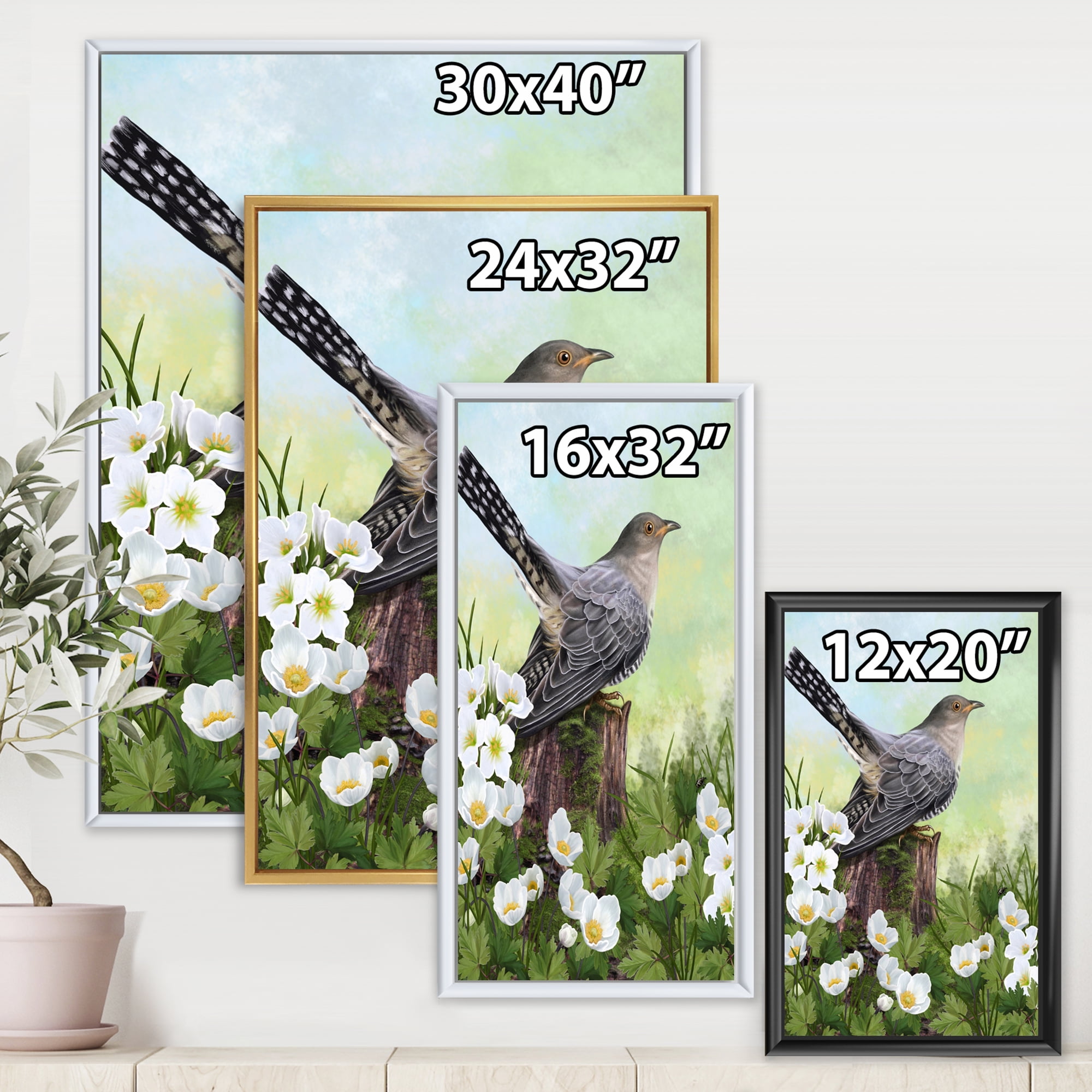 Designart 'Cuckoo Bird On An Old Stump and White Flowers' Traditional Framed Canvas Wall Art Print