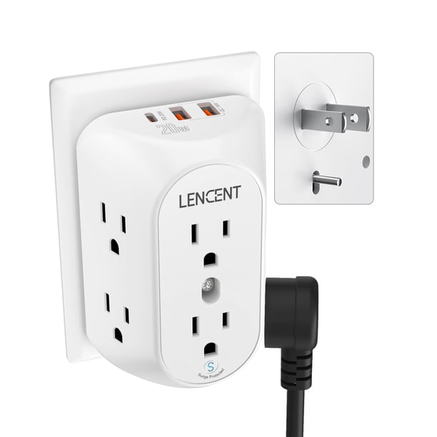 LENCENT Multicontacto Pared USB, Adaptador de Enchufe 3 a 2 Clavijas con 6 Tomas AC, Puerto PD 20W y 2 Puertos USB A, 1728J Protección contra Sobretensiones