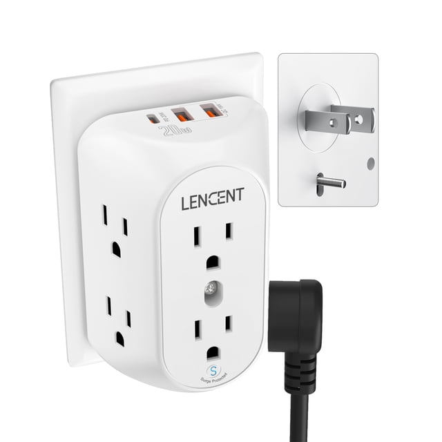 LENCENT Multicontacto Pared USB, Adaptador de Enchufe 3 a 2 Clavijas con 6 Tomas AC, Puerto PD 20W y 2 Puertos USB A, 1728J Protección contra Sobretensiones