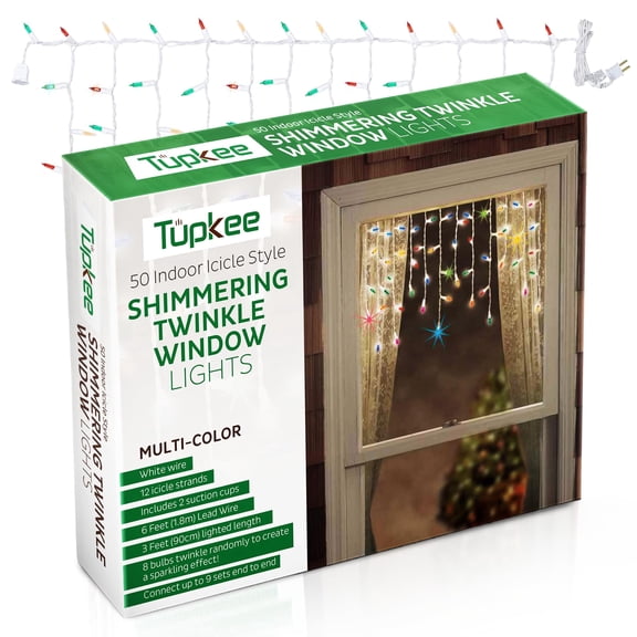 Tupkee Shimmering Twinkle Window Icicle Lights - 3 Feet 0.91 m, 50 Multi-Color Incandescent Christmas Indoor Outdoor Random Twinkle Icicle Lights - 8 of 50 Lights Twinkle