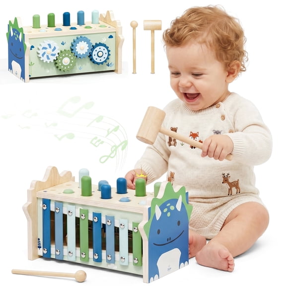 Wooden Montessori Toys for 1 Year Old, Hammering Pounding Toy with Xylophone, Educational Learning Toys, Baby Activity Toys for 1 2 3 Year Old, Preschool Toys, Birthday Gifts (Dinosaur)