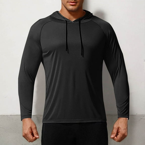 Qgtaibl Men's UPF 50 Hoodie Sun Protection Raglan Long Sleeve Shirt M Quick Dry Running Workout T-Shirt Moisture Wicking Gym Tee Tops (Black)