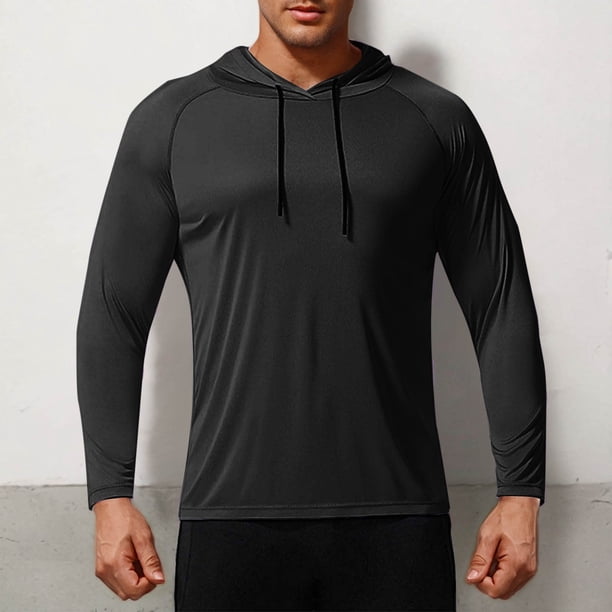 pstuiky manga larga de hombre, Blusa deportiva informal de color liso con capucha y manga larga raglán con cordón y resistente al sol para hombre salir tops xl