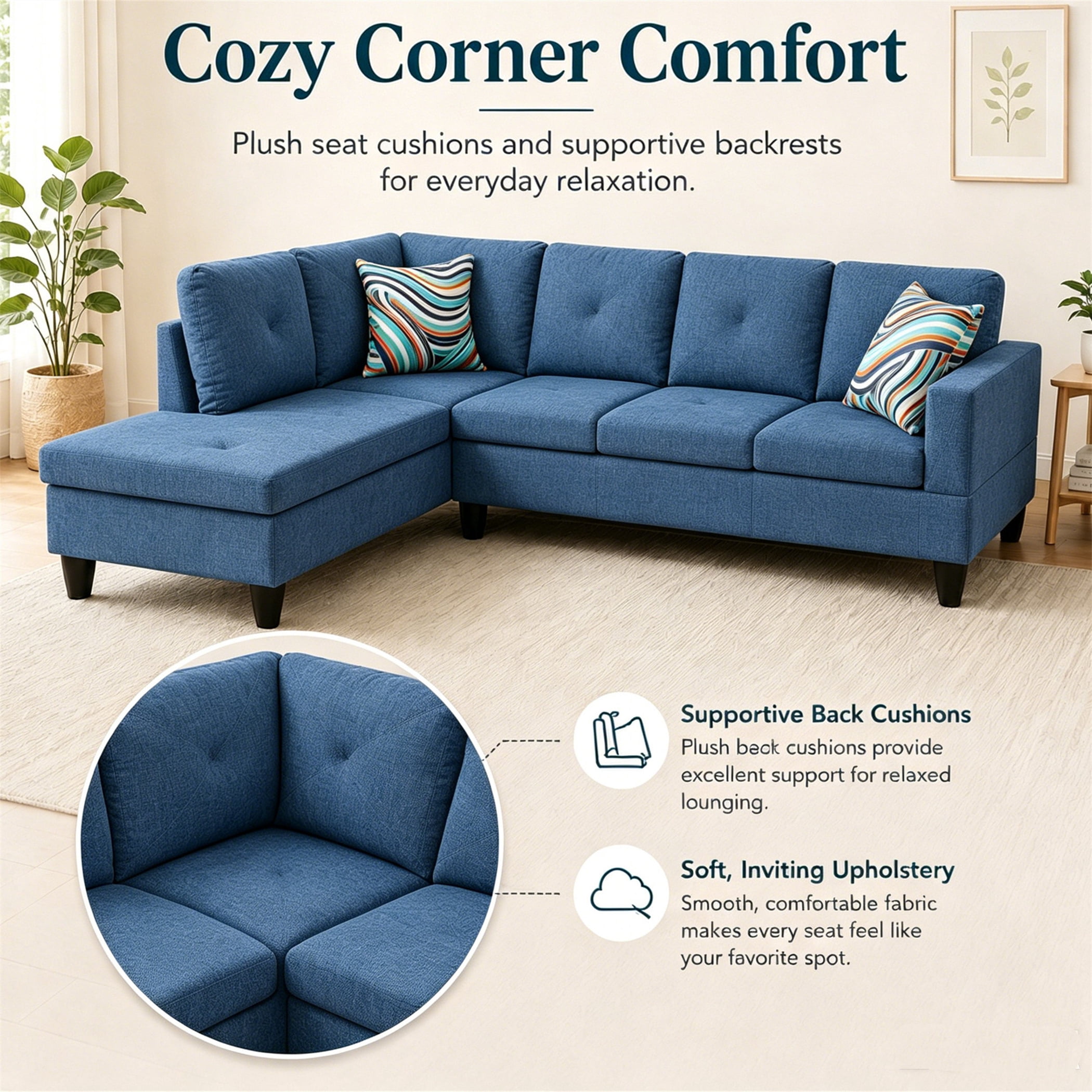 Aukfa 97" Classic Sectional Sofa 4 Seat L shape Couch for Living Room, 2Pillows, Oversized Left Chaise, Linen, Blue
