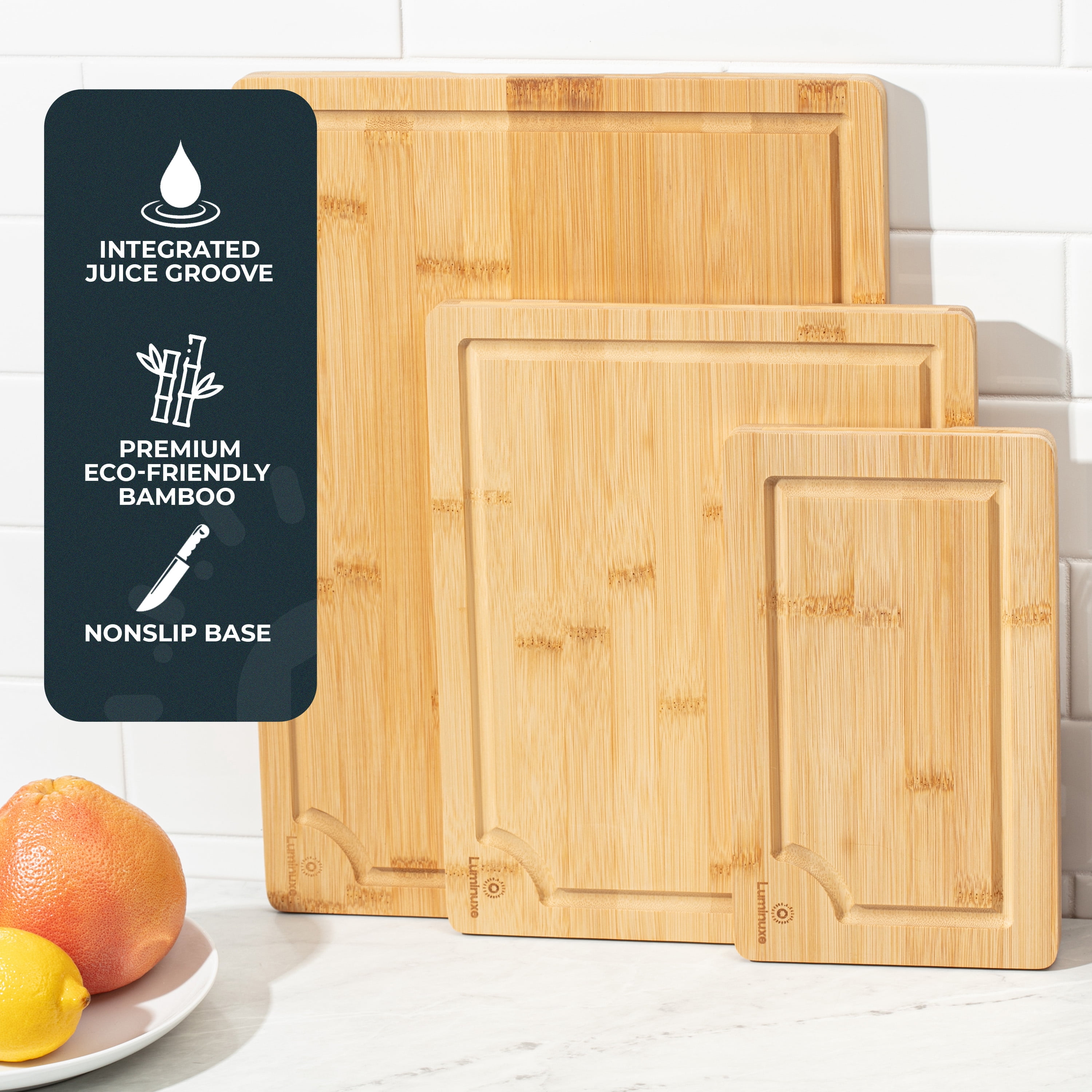 Bamboo Cutting Board Set of 3, Wood Cutting Boards with Juice Groove, Heavy-Duty Nonslip Kitchen Cutting Boards Set Bamboo