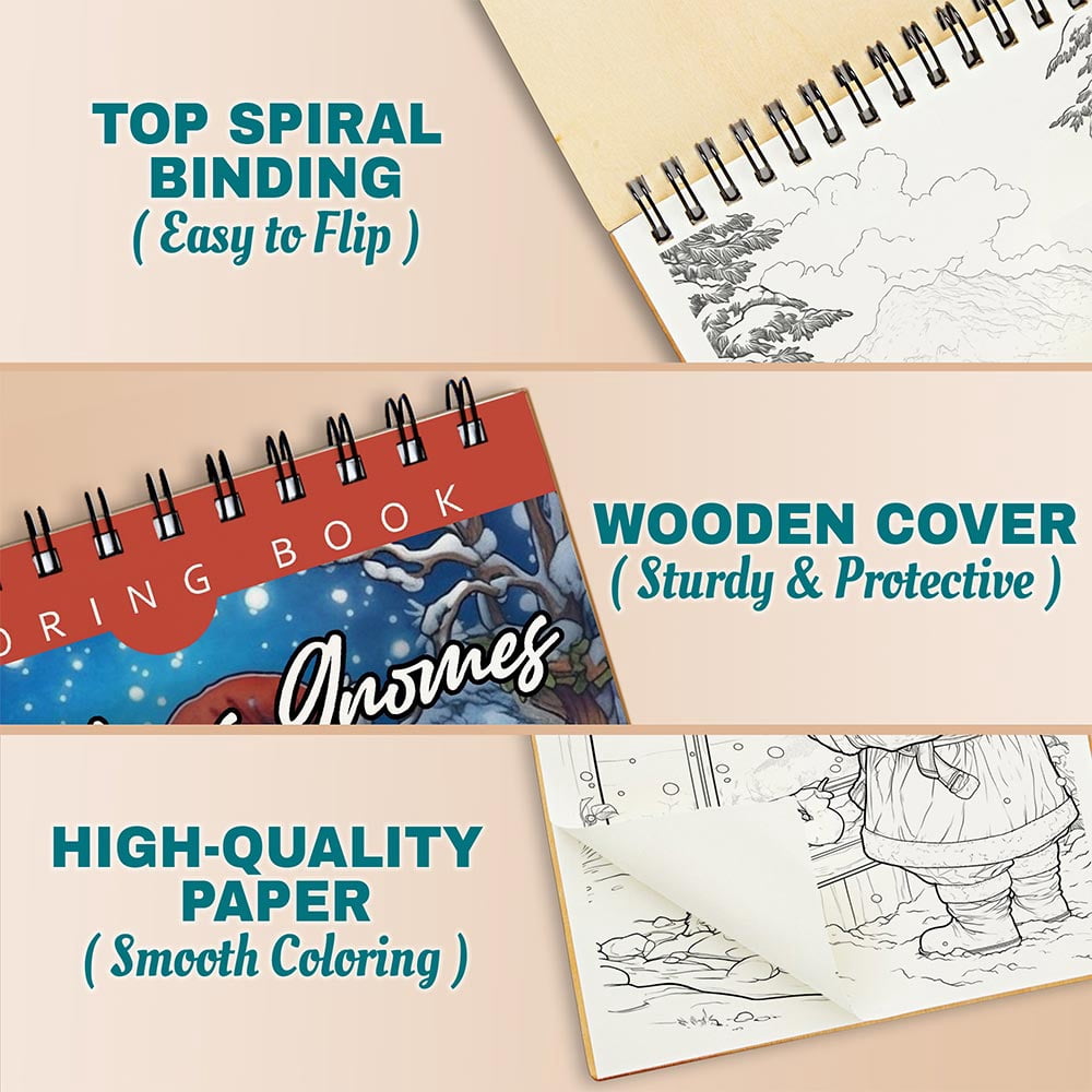 Netecom Christmas Gnomes Coloring Book Spiral Bound For Adult, A5 Wooden Cover, 30 Delightful Coloring Pages of Gnomes Spreading Holiday Cheer for Stress Relief and Relaxation
