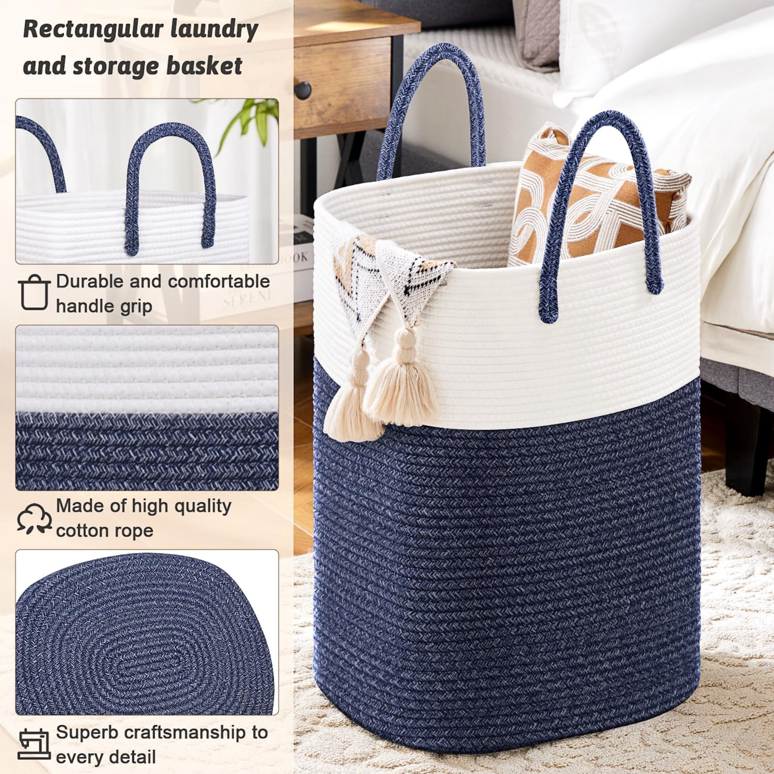 Laundry Basket, Woven Cotton Rope Laundry Hamper, Versatile Storage for Dirty Clothes, Baby Toys, and Blankets in Bathroom, Nursery, and Living Room