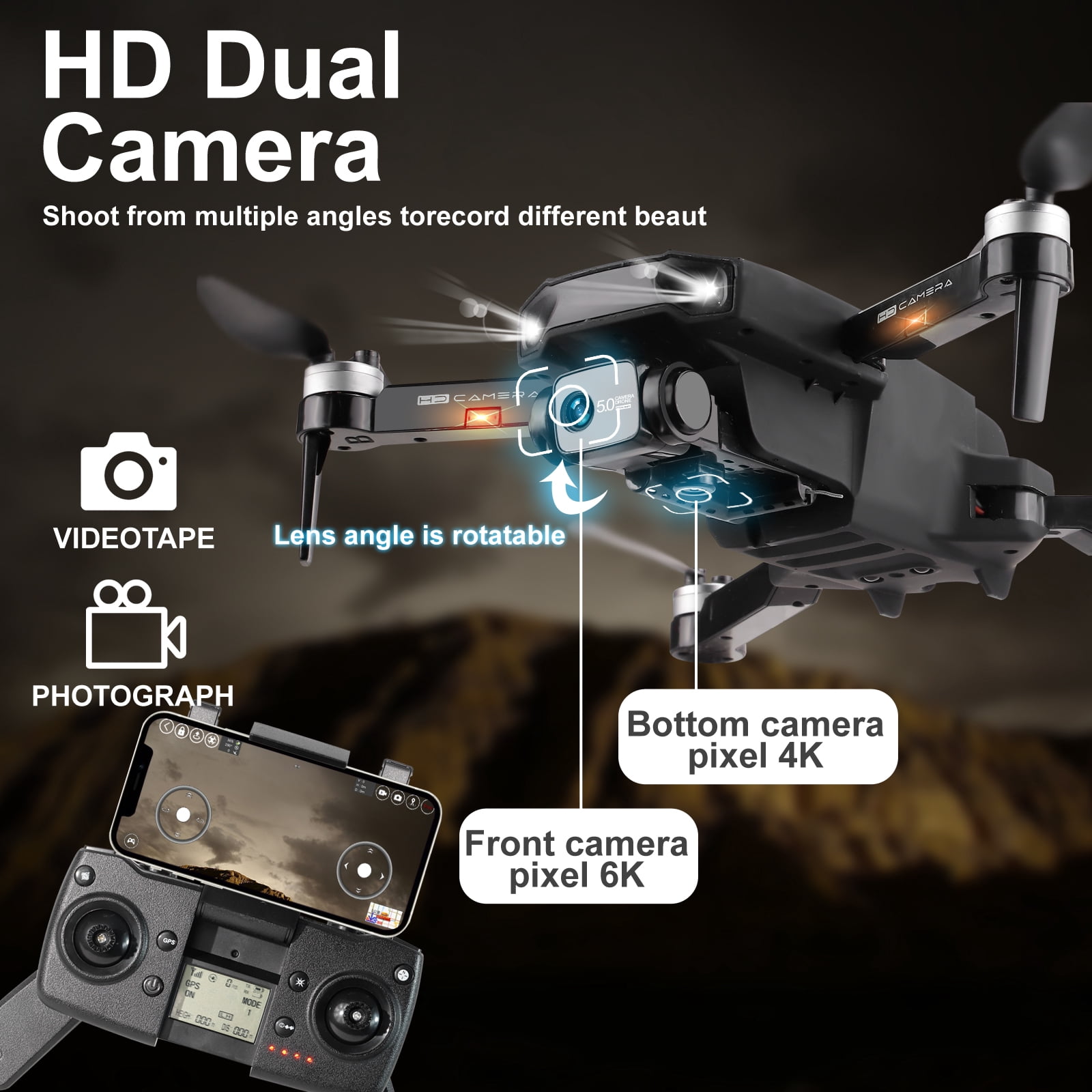 NETNEW 2x Cameras GPS Aerocraft Foldable Drone for Adults with 2x batteries 6K HD 1920P Cameras EIS Anti-Shake Quadcopter 5G WIFI FPV 30Mins Flight Time 120°FOV 50x Zoom Brushless Motor