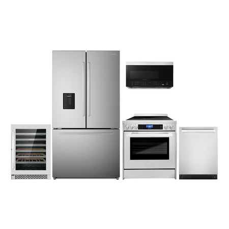 5 Piece Kitchen Package with 30  Over the Range Microwave 30  Freestanding Electric Range 24  Built-in Fully Integrated Dishwasher French Door Refrigerator & 48 Bottle Wine Refrigerator