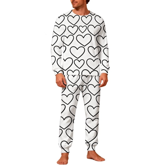 Lorytime Matching Valentines Pjs for Couples Heart Crewneck Long Sleeve Tops with Pockets Pants Mens Homewear