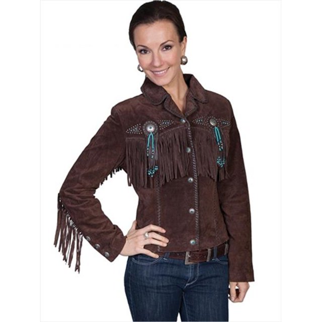 Scully L152-86-XS Ladies Fringe & Beaded Leather Jacket - Chocolate, Extra Small