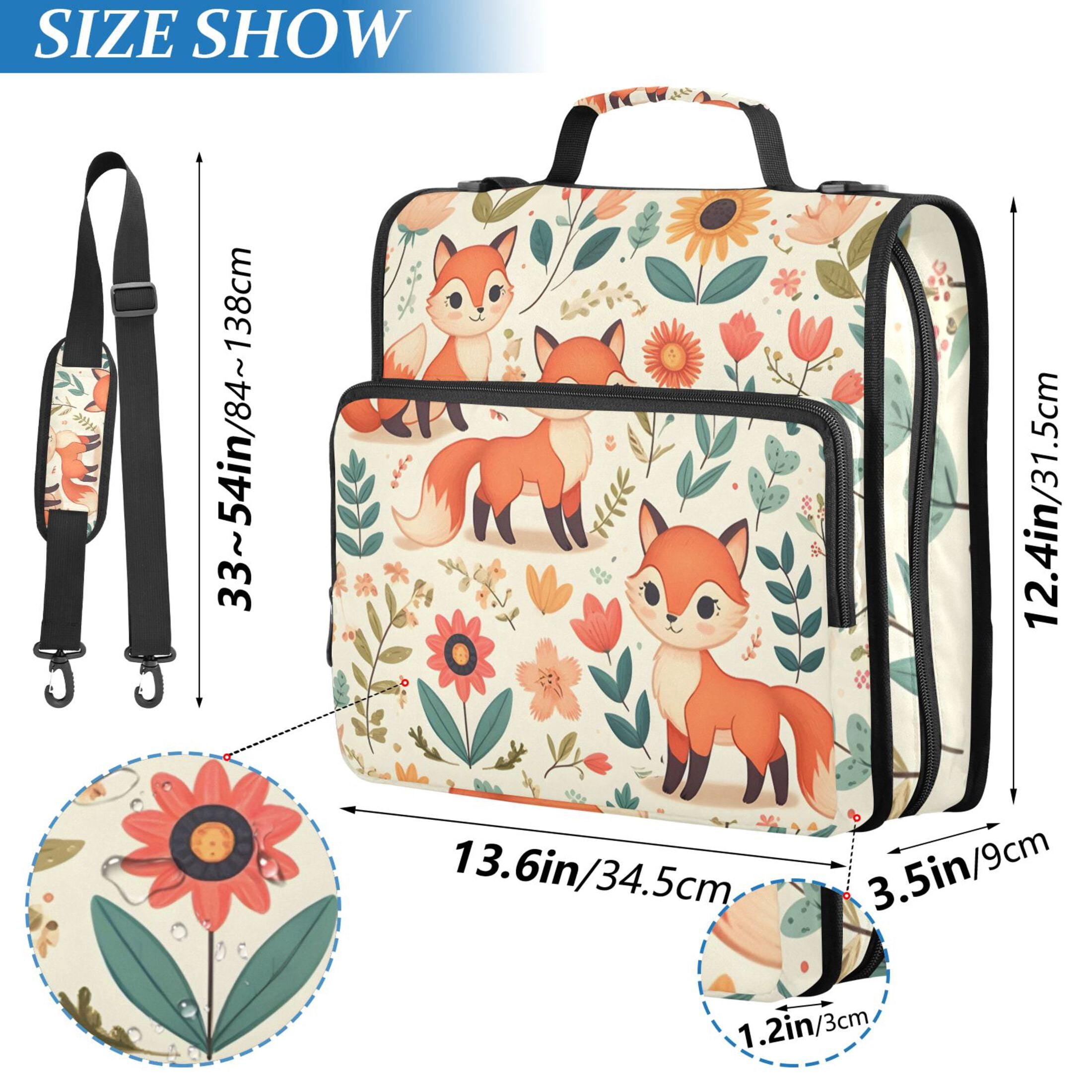 3 Ring Zipper Binder with Shoulder Strap Waterproof Trapper Keeper 2 Inch D-Ring 500 Sheets Capacity Cute Foxes Flower Leaf