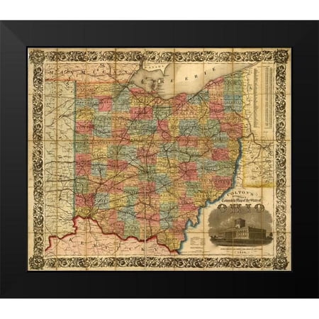 Vintage Maps 13x12 Black Modern Framed Museum Art Print Titled - Railroad Township Map of the States of Ohio 1854