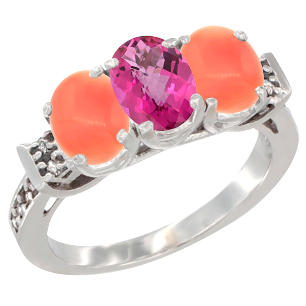 10K White Gold Natural Pink Topaz & Coral Sides Ring 3-Stone Oval 7x5 mm Diamond Accent, sizes 5 10 by WorldJewels