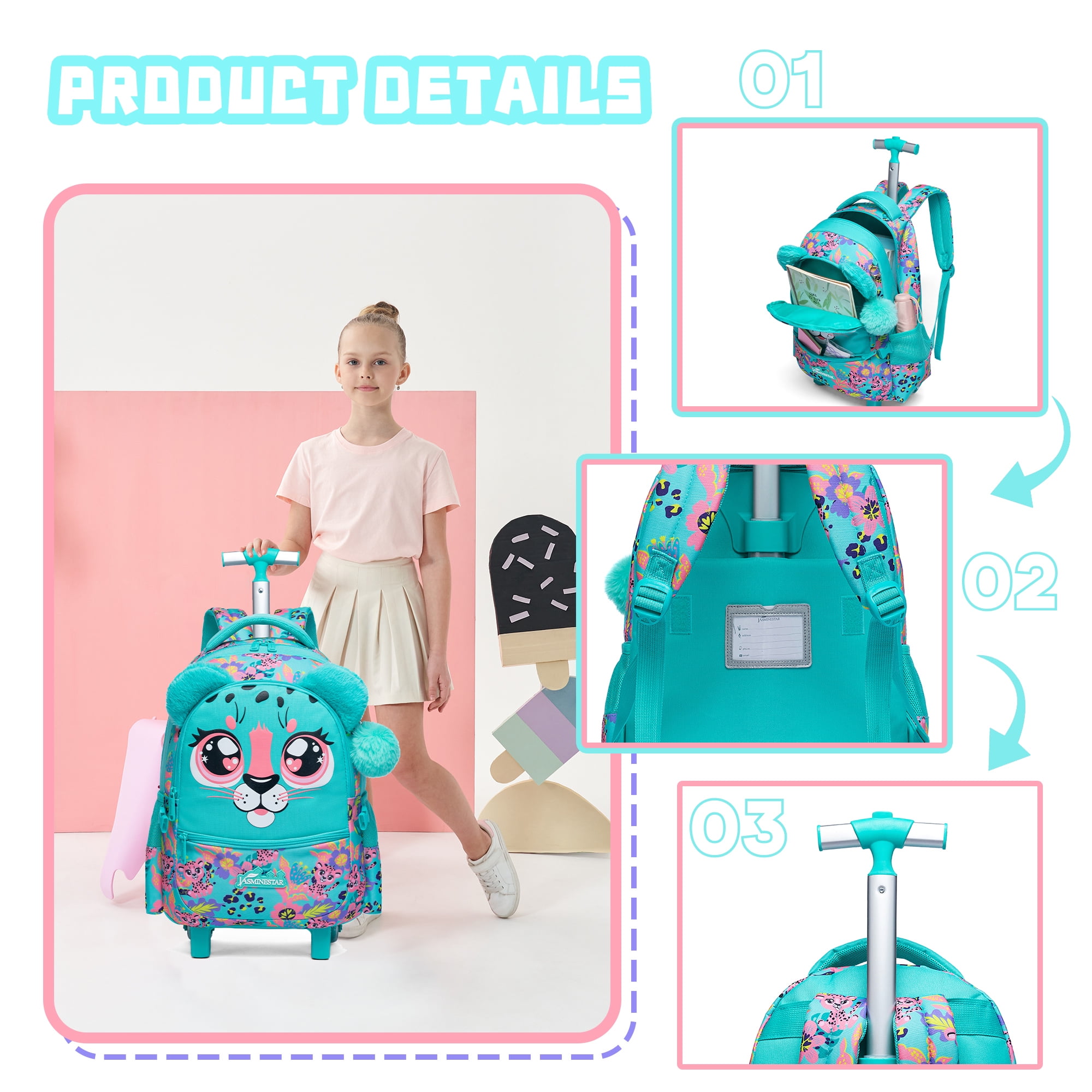Kids Rolling Backpacks for Girls with Lunch Box Pencil Case School Bookbag with Wheels for Elementary Students Age 8-10