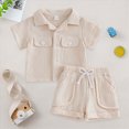 thumbnail image 2 of KPOPLK Summer Toddler Baby Boy Outfit Clothing Short Sleeve Cute Print Button Up Shirt Solid Shorts 2Pcs Clothes Set(12-18 Months,Beige), 2 of 7