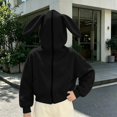 thumbnail image 3 of Girls Rabbit Ears Zip‑Up Hoodie, Kids Solid Color Full Zip Long Sleeve Sweatshirt Outerwear, Cute Casual Hooded Jacket for Autumn Winter School Daily Wear(Black,9-10 Years), 3 of 5