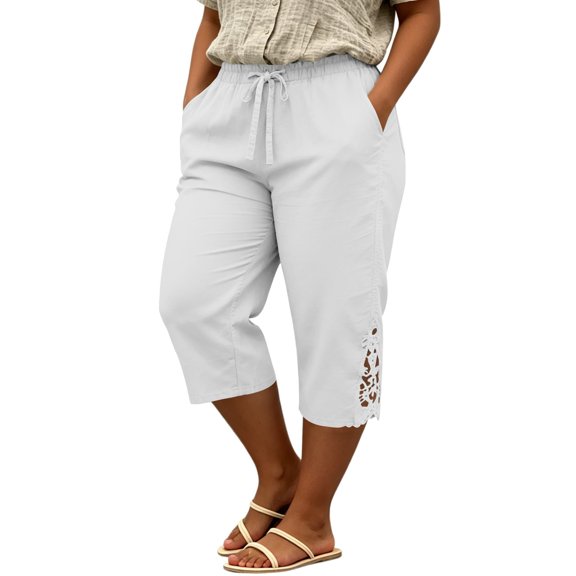 Cropped Pants for Women Plus Size, 3/4 Length Capris with Pockets, Drawstring Elastic High Waist Solid Color Comfy Pants for Travel and Daily | TruHer,Army Green L