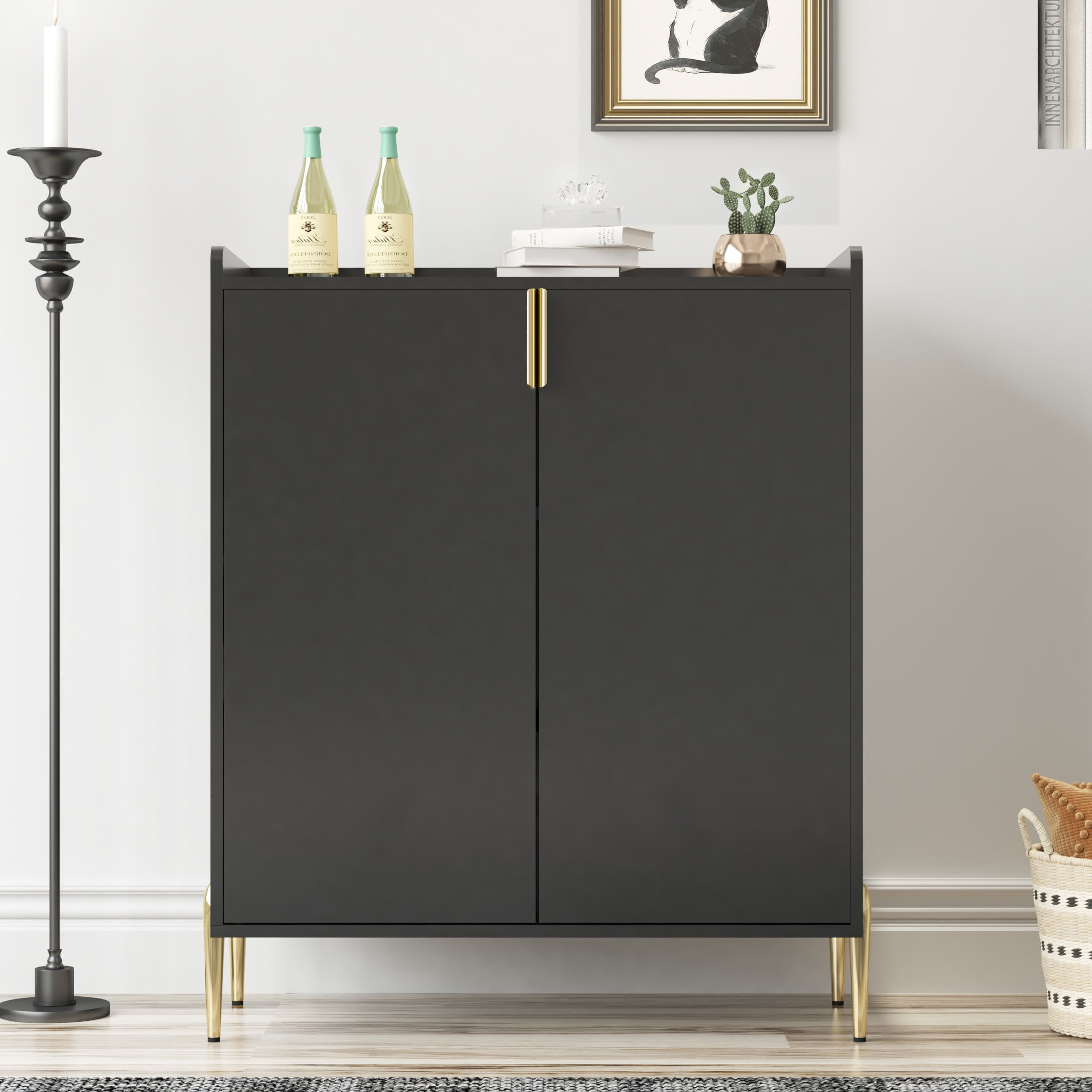 Noble House Solhill 31.5" 2-Door Wine Bar Cabinet, Wooden Wine Rack Liquor Cabinet, Adjustable Shelves, Kitchen, Black