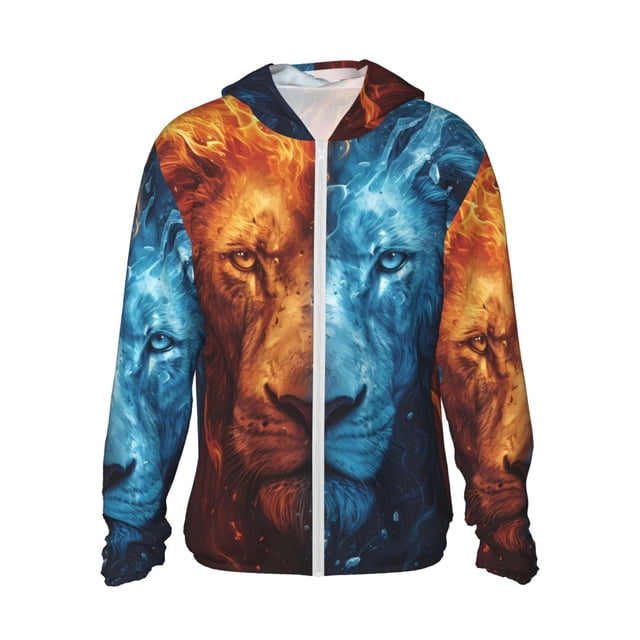 Balery Red And Blue Fire Lion Sudadera ligera de manga larga con capucha y protección solar UPF 50+ para hombre y mujer, ideal para pesca y running-Large